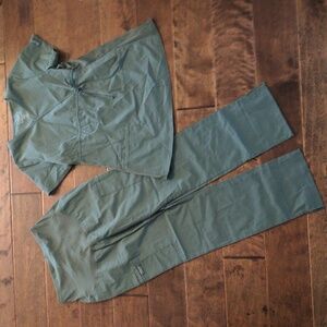 Cherokee Maternity Olive Scrub Mock Wrap Top and Pants Set, Size Small, EUC